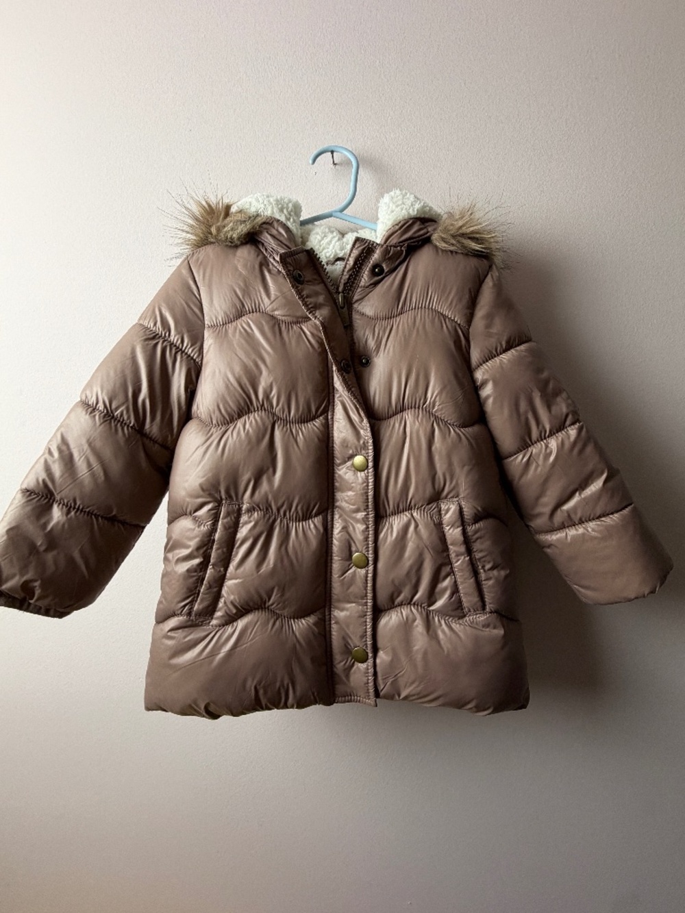 Old Navy Girls 3T Taupe Puffer Coat Faux Fur Hood